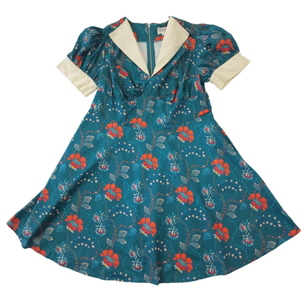 Unique Vintage Teal Floral Fit-and-Flare Dress with Cream Trim